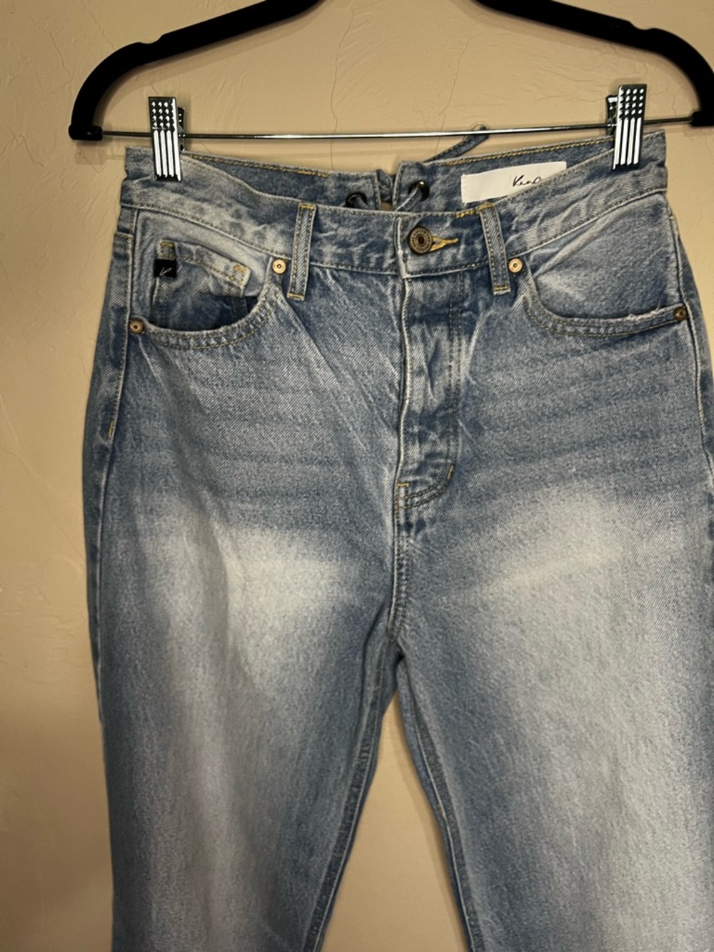 Kancan Maryville High Rise Tie Back 90’s  Flare Button Fly Raw Hem Denim Jeans - Picture 7 of 16